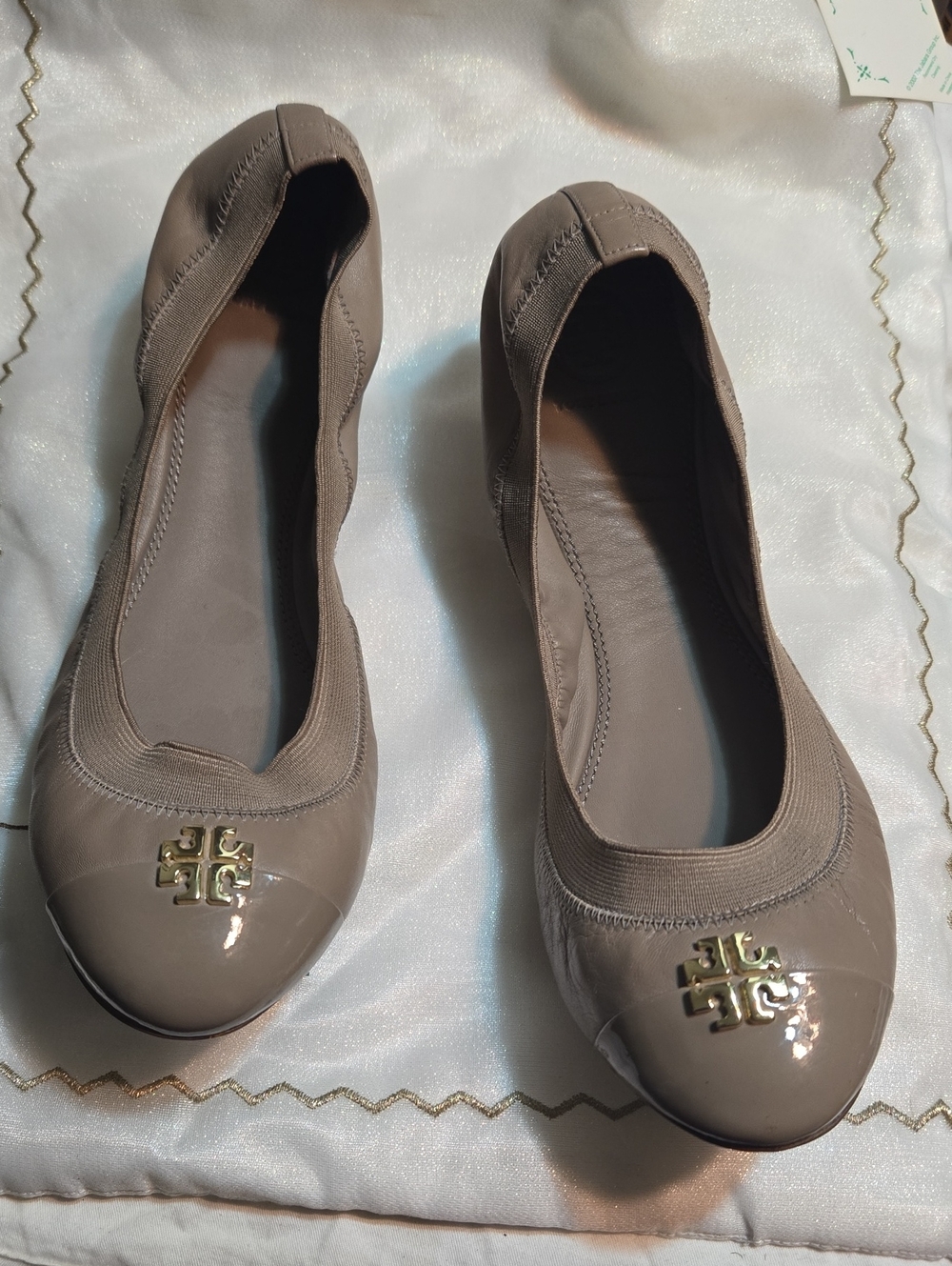 Tory Burch Taupe Patent & Leather Logo Ballet Flats